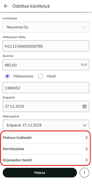 FI Easor App mobiili - Maksut - Odottaa käsittelyä - Lisätiedot