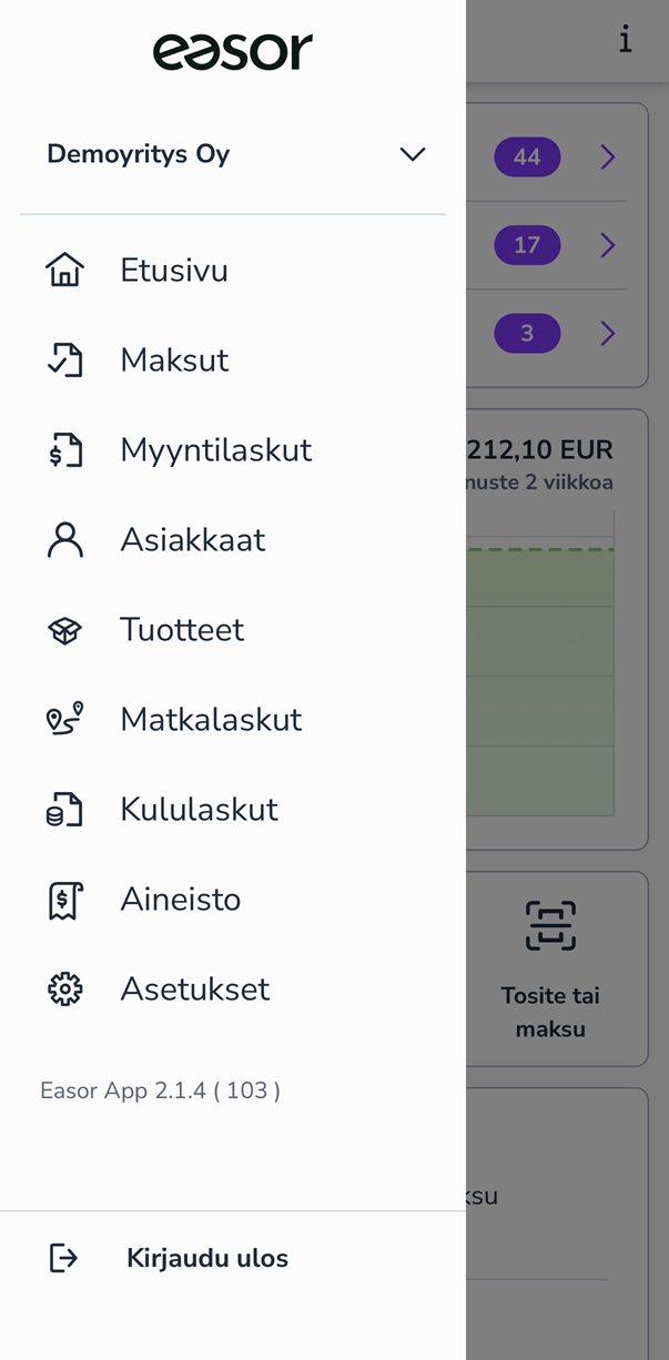 FI Easor App mobiili - Päävalikko
