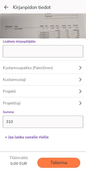 FI Easor App mobiili - Uusi maksu - Kirjanpidon tiedot