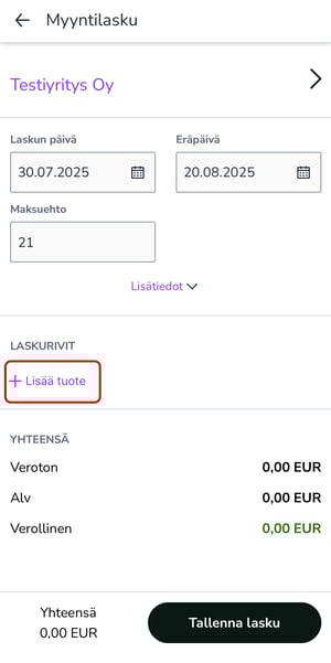 FI Easor App mobiili - Uusi myyntilasku - Asiakas valittu - Lisää tuote linkki