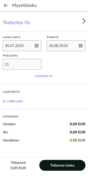 FI Easor App mobiili - Uusi myyntilasku - Asiakas valittu - Lisää tuote