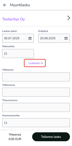 FI Easor App mobiili - Uusi myyntilasku - Asiakas valittu - Lisätiedot