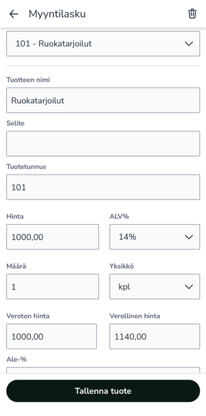 FI Easor App mobiili - Uusi myyntilasku - Asiakas valittu - Tuote valittu