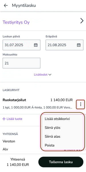 FI Easor App mobiili - Uusi myyntilasku - Kolmen pisteen valikko tuoterivillä