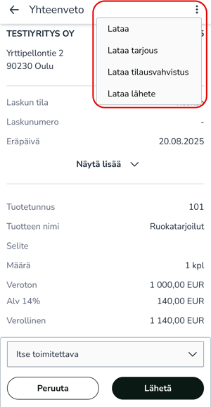 FI Easor App mobiili - Uusi myyntilasku - Laskun yhteenveto - Kolmen pisteen valikko