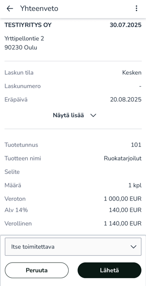 FI Easor App mobiili - Uusi myyntilasku - Laskun yhteenveto