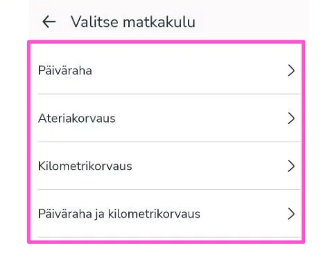 FI Easor App mobiili - Valitse matkakulu