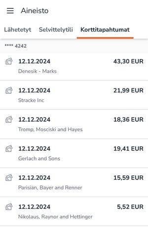 FI Easor App mobiili - Aineisto - Korttitapahtumat