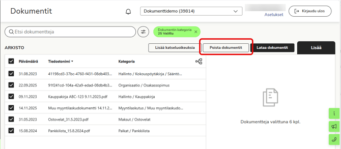 FI Dokumentit - Arkisto - Poista dokumentit