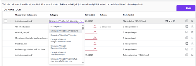 FI Dokumentit - Tuo arkistoon - Muokkaa kenttää