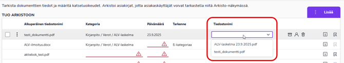 FI Dokumentit - Tuo arkistoon - Tiedostonimi