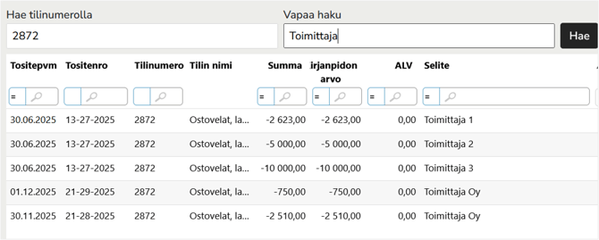 FI Easor Accounting - Tapahtumahaku - Hae tilinrolla tai vapaalla haulla