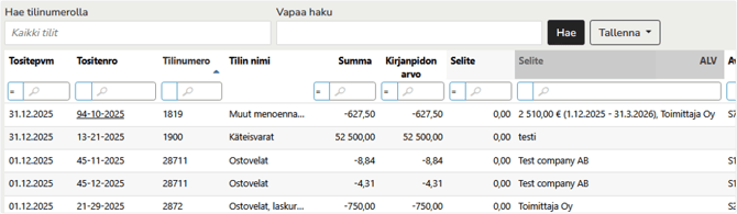 FI Easor Accounting - Tapahtumahaku - Sarakkeiden järjestyksen muuttaminen