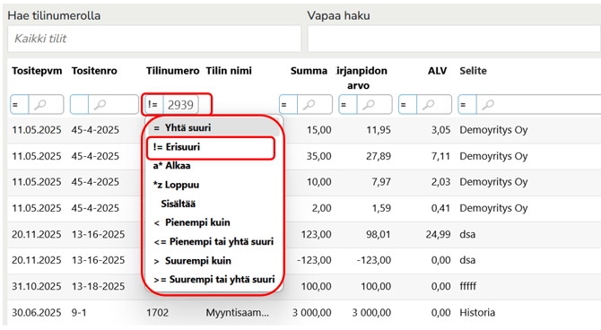 FI Easor Accounting - Tapahtumahaku - Sarakkeiden suodattaminen 1