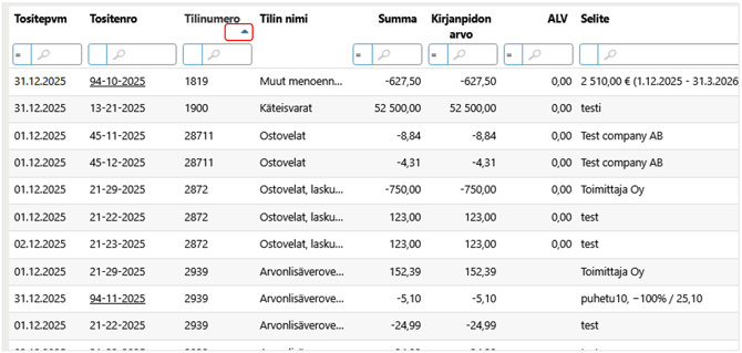 FI Easor Accounting - Tapahtumahaku - Tapahtumien lajittelu
