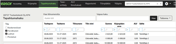 FI Easor Accounting - Tapahtumahaku - Tositteen tiliöintiin siirtyminen