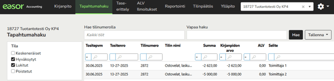 FI Easor Accounting - Tapahtumahaku - Tositteiden tilat
