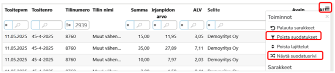 FI Easor Accounting - Tapahtumahaku - Usean sarakkeen suodattaminen