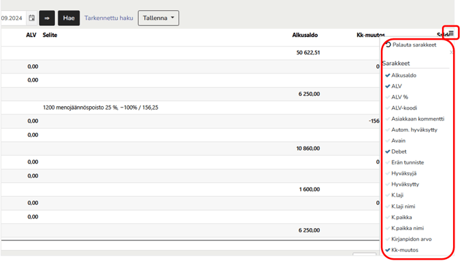 Pääkirja sarakkeiden lisäys ja poisto