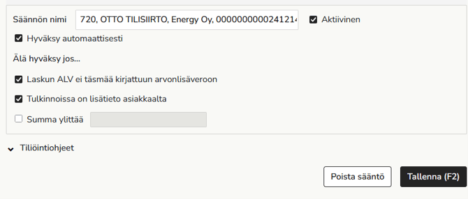 Tiliote säännön asetukset