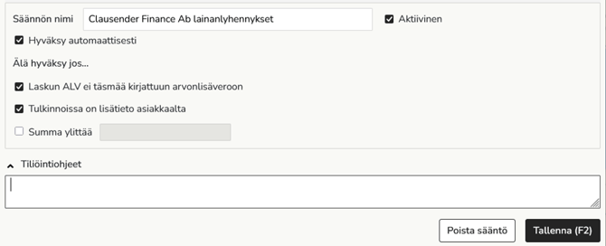 säännön hyväksymisehdot