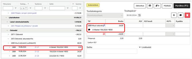 Kohdistaminen tilierittelytilin avoimeen tase-erään