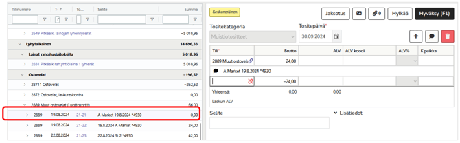 Tase-erittelyn rivin valinta ja tositteen tiliöinti