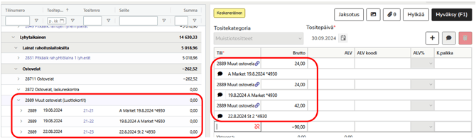 Tilierittelytilin saldon kohdistaminen tase-erittelyllä