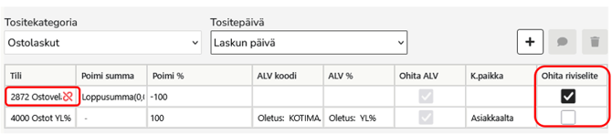 tiliöintisääntö riviselite ohitus