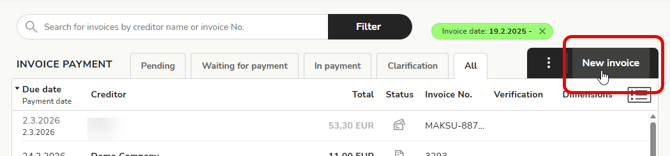 EN Easor App - Payments - New invoice button