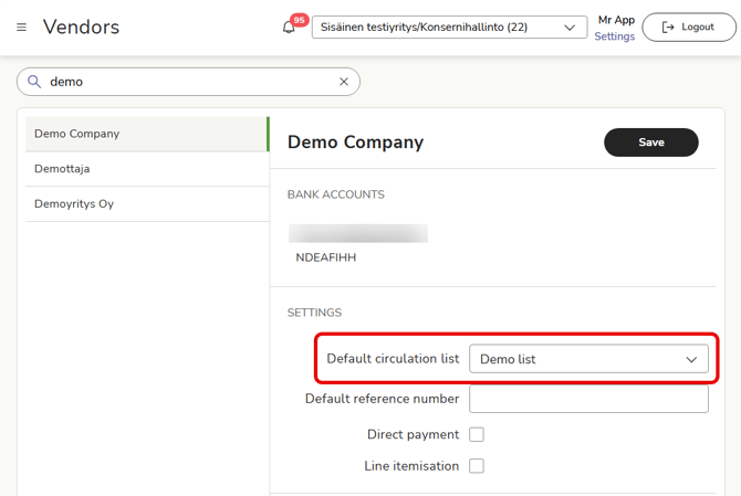 EN Easor App - Payments - Vendors - Default circulation list