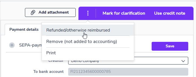 EN Payments - Credit note - Refunded Otherwise reimbursed