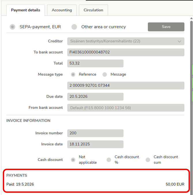 EN Payments - Partly paid invoice - Payment details