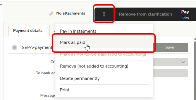 EN Payments - Payment details - Three dot menu - Mark as paid