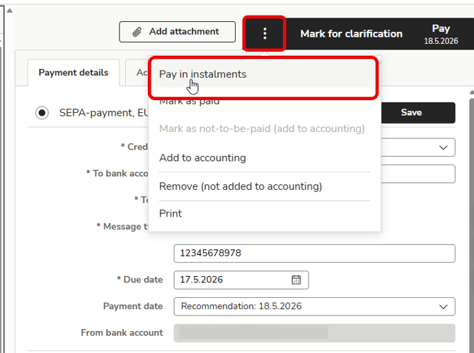 EN Payments - Payment details - Three dot menu - Pay in instalments