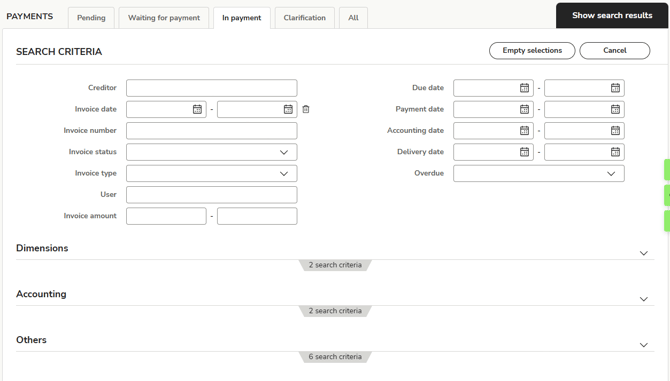 EN Payments - Search criteria
