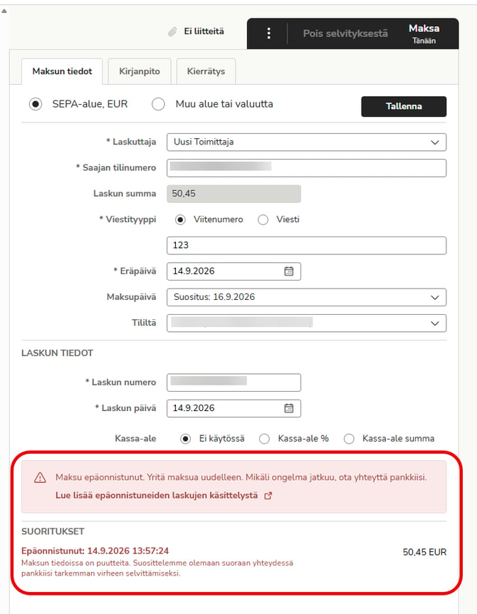 FI Easor App - Maksut - Epäonnistunut maksu - Maksun tiedot - Info epäonnistumisen syystä