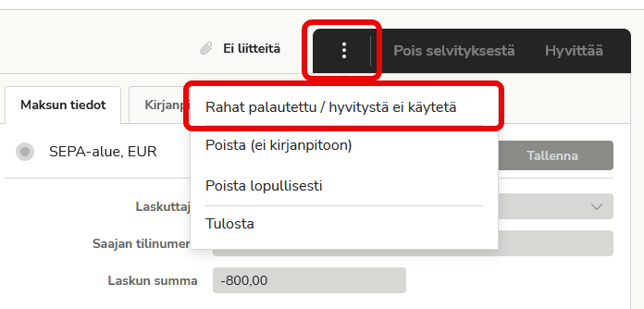 FI Easor App - Maksut - Hyvityslasku - Kolmen pisteen valikko - Rahat palautettu hyvitystä ei käytetä