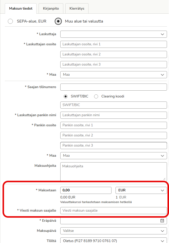 FI Easor App - Maksut uusi - Maksun tiedot - Valuuttalasku - Valuutta ja viesti