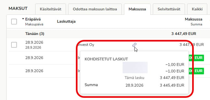 FI Easor App - Maksut uusi - Maksussa - Linkki kuvake - Kohdistetut laskut