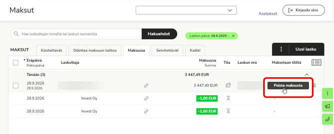 FI Easor App - Maksut uusi - Maksussa - Poista maksusta