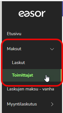 FI Easor App - Päävalikko Maksut - Toimittajat - 052026