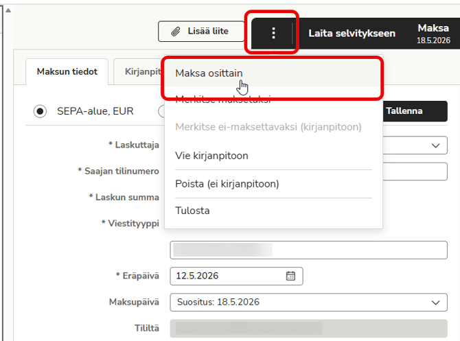 FI Maksut - Laskun tiedot - Kolmen pisteen valikko - Maksa osittain
