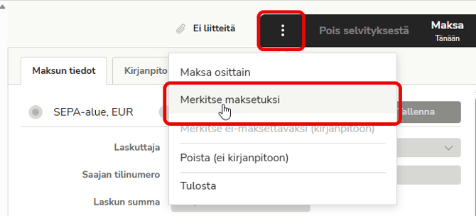 FI Maksut - Laskun tiedot - Kolmen pisteen valikko - Merkitse maksetuksi