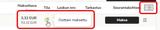 FI Maksut - Odottaa maksuun laittoa - Osittain maksettu