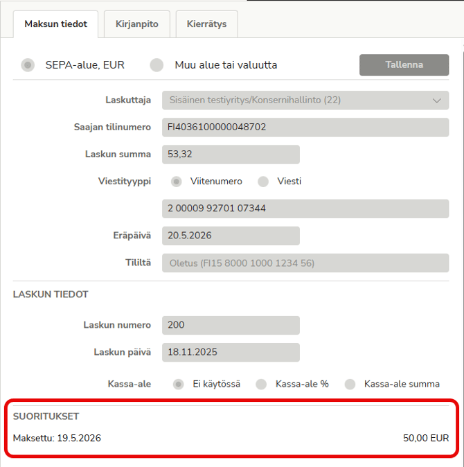 FI Maksut - Osittain maksettu lasku - Maksun tiedot