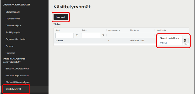 FI AR - Asetukset - Käsittelyryhmät - Luo uusi tai muokkaa