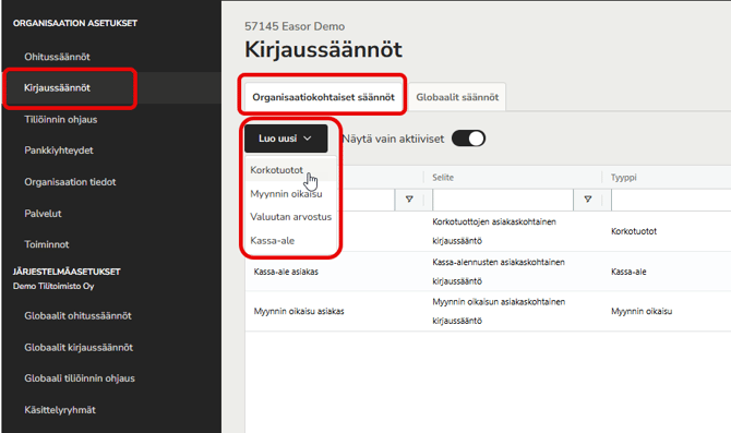 FI AR - Asetukset - Kirjaussäännöt - Luo uusi valikko