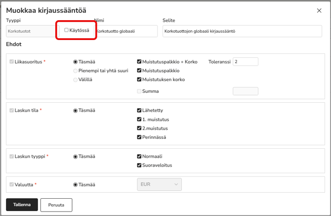 FI AR - Asetukset - Kirjaussäännöt - Muokkaa kirjaussääntöä