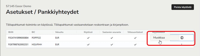 FI AR - Asetukset - Pankkiyhteydet - Muokkaa